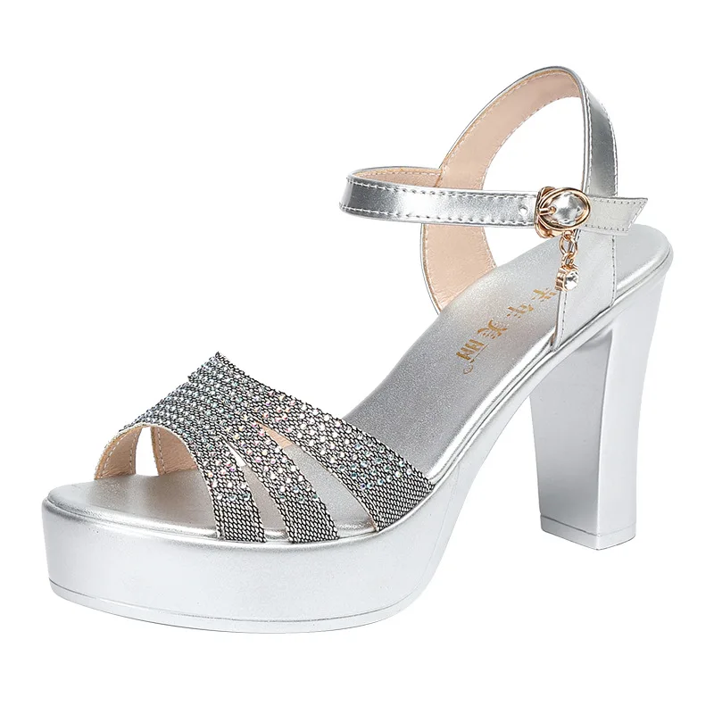 Small Size 32-43 Rhinestone Silver Gold Wedding Shoes Women Platform Summer 2022 Block High Heels Sandals for Office Model