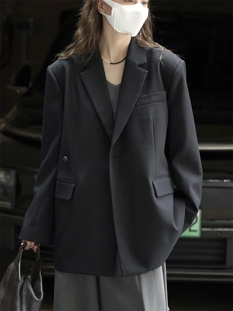 

Women Oversized Black Blazer French Style Loose Fit Long Suit Jacket Casual Chic Coat for Trousers High Quality Wool Like Fabric