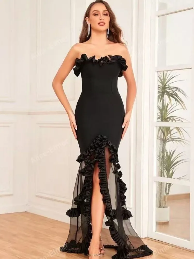 2025 frauen Promi Sexy Liebsten Rüschen Mesh Schwarz Maxi Langes Kleid Elegante Abend Party Club Vestido