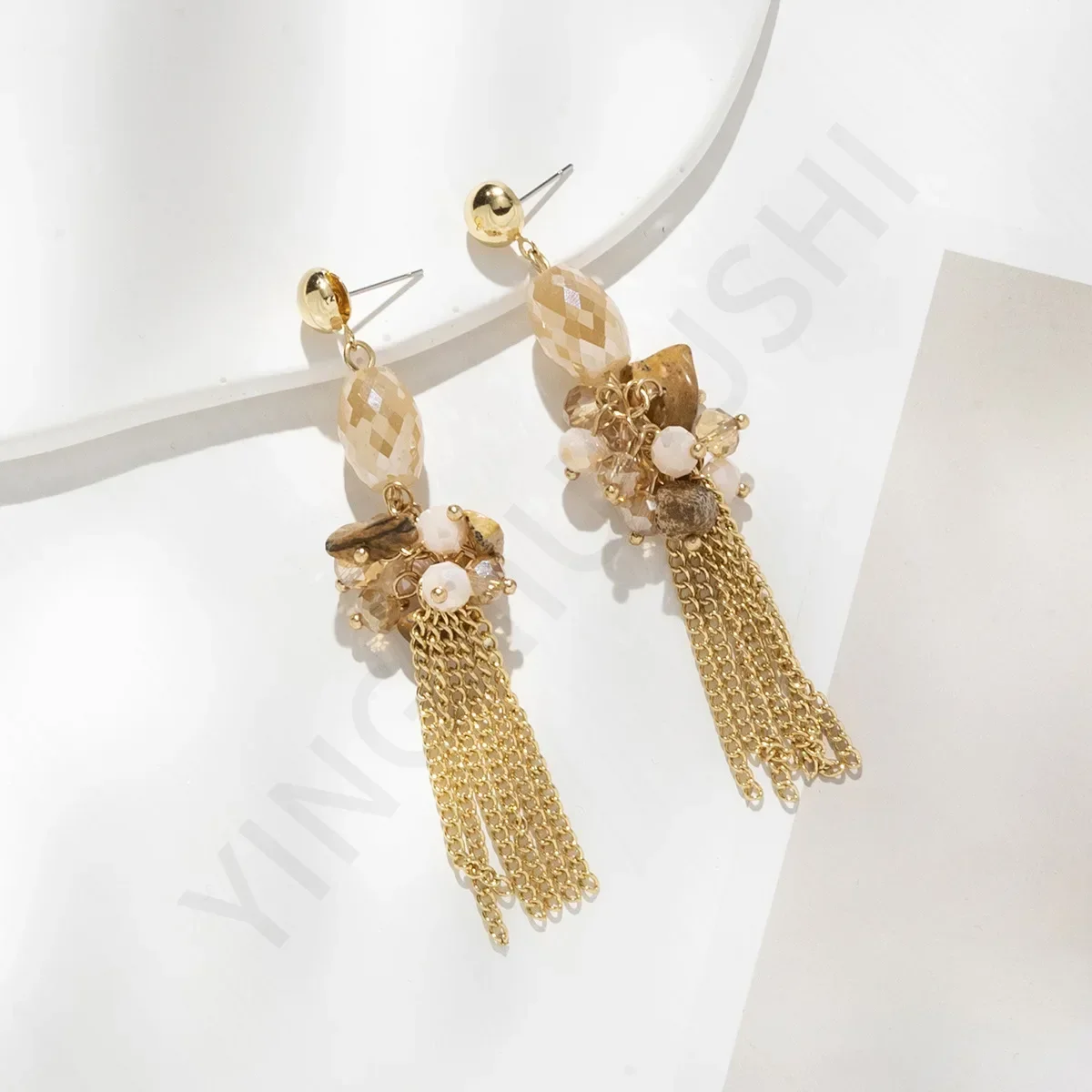 Retro Exquisite Tassel Long Earrings for Women Khaki Crystal Decorative Earrings Jewelry Gift