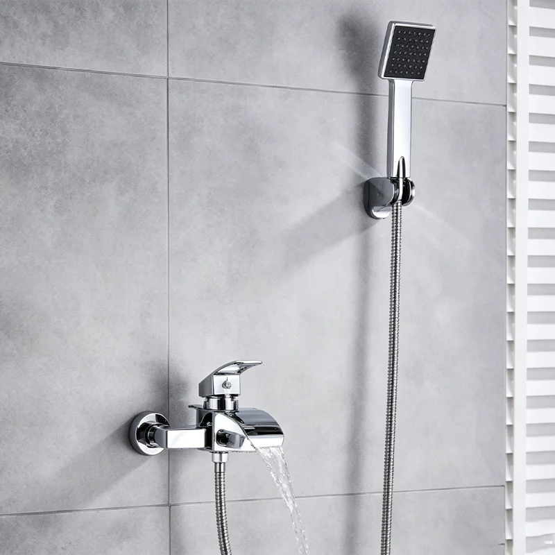 Juego de grifería de baño dorado brillante con cascada negra, sistema mezclador de ducha fría y caliente para bañera, de plástico ABS con ducha de mano