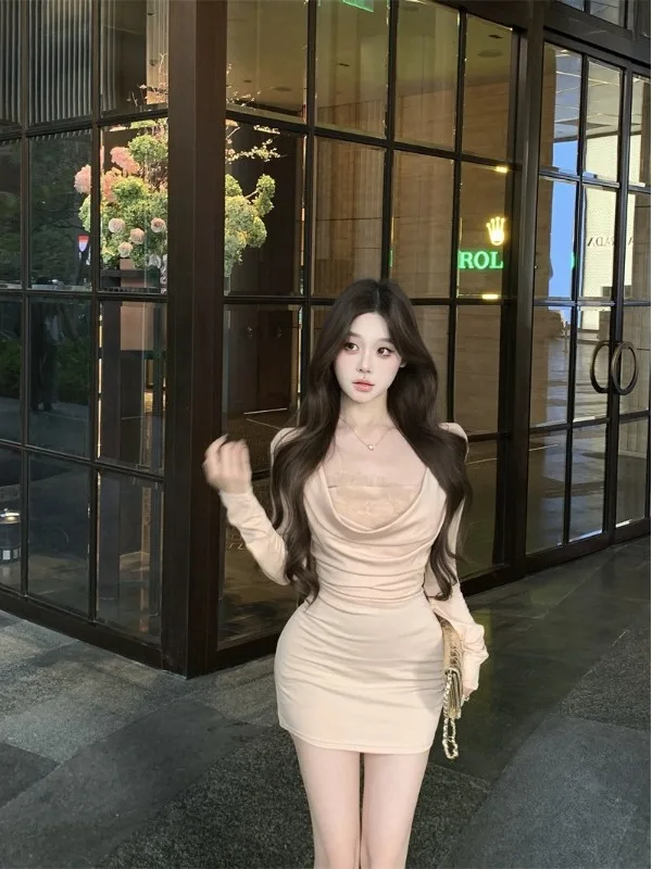 

Элегантный комплект из двух предметов: эластичный топ без бретелек и облегающее платье с длинными рукавами для женщин, модный весенний наряд