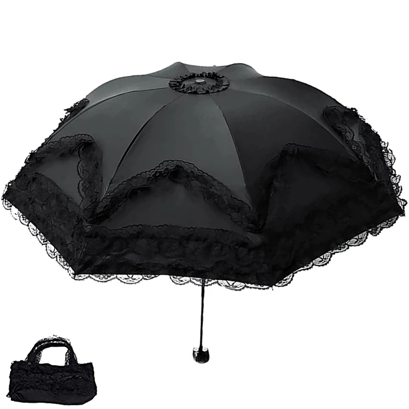 

Sun UV Protection Lace Umbrella Women Princess 3 Folding Travel Wind Resistant Sunshade Black Coating Parasol Luxury Paraguas