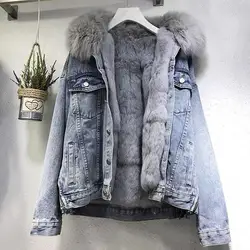 Women Coat Faux Fur Vintage Hooded Thick Single-breasted Warm Denim Jacket Women Winter Clothes Lady Oversized Loose Jean Parkas