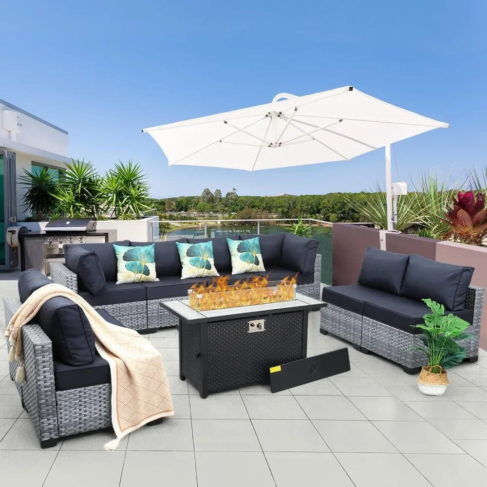 

Outdoor Sectional Patio Furniture 45 in Fire Pit 9-Piece Patio Sectional Outdoor Furniture 60000 BTU Steel Propane Fire Pit
