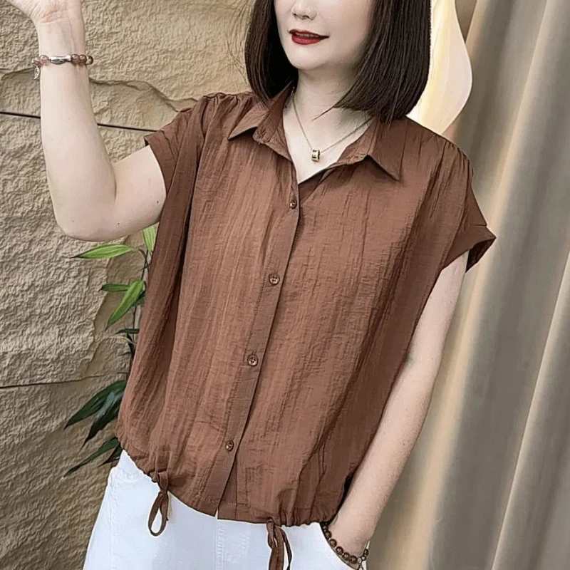 Camicia dal temperamento solido Top Casual Estate Nuova manica corta Allentata All-match Coulisse Camicetta vintage Moda Abbigliamento donna