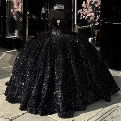 Black Sequin Corset Quinceanera Dress Ball Gown Dress 18th Birthday Silver Rhinestones Debut vestido de charra 15 Customized