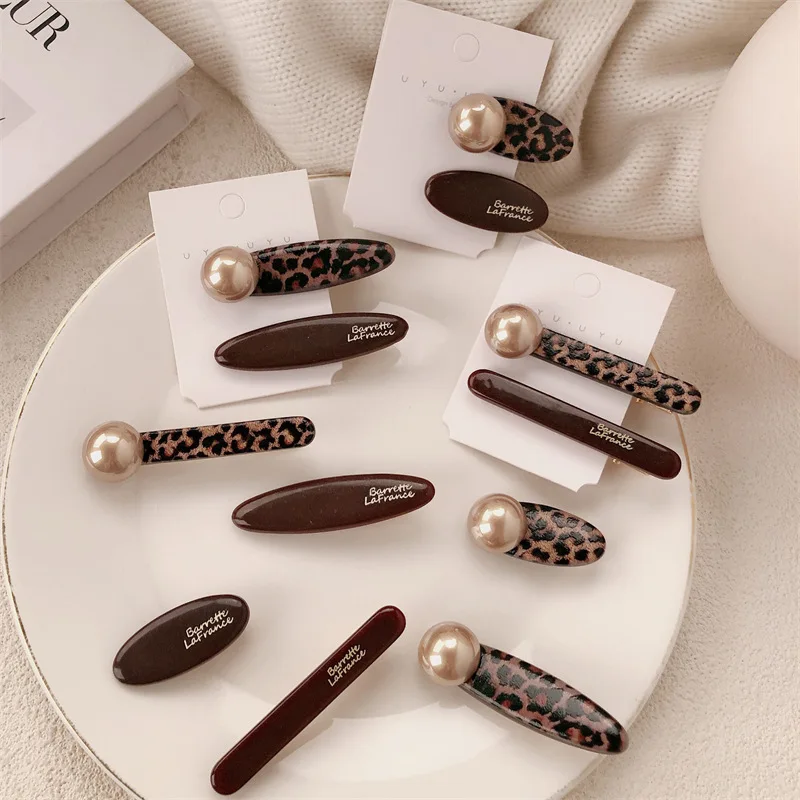 

Korean The New Leopard Print Pearl Duck Bill Clip Hairpin Fashionable Side Clip Bangs Clip High-end Hairpin Hair Accessories