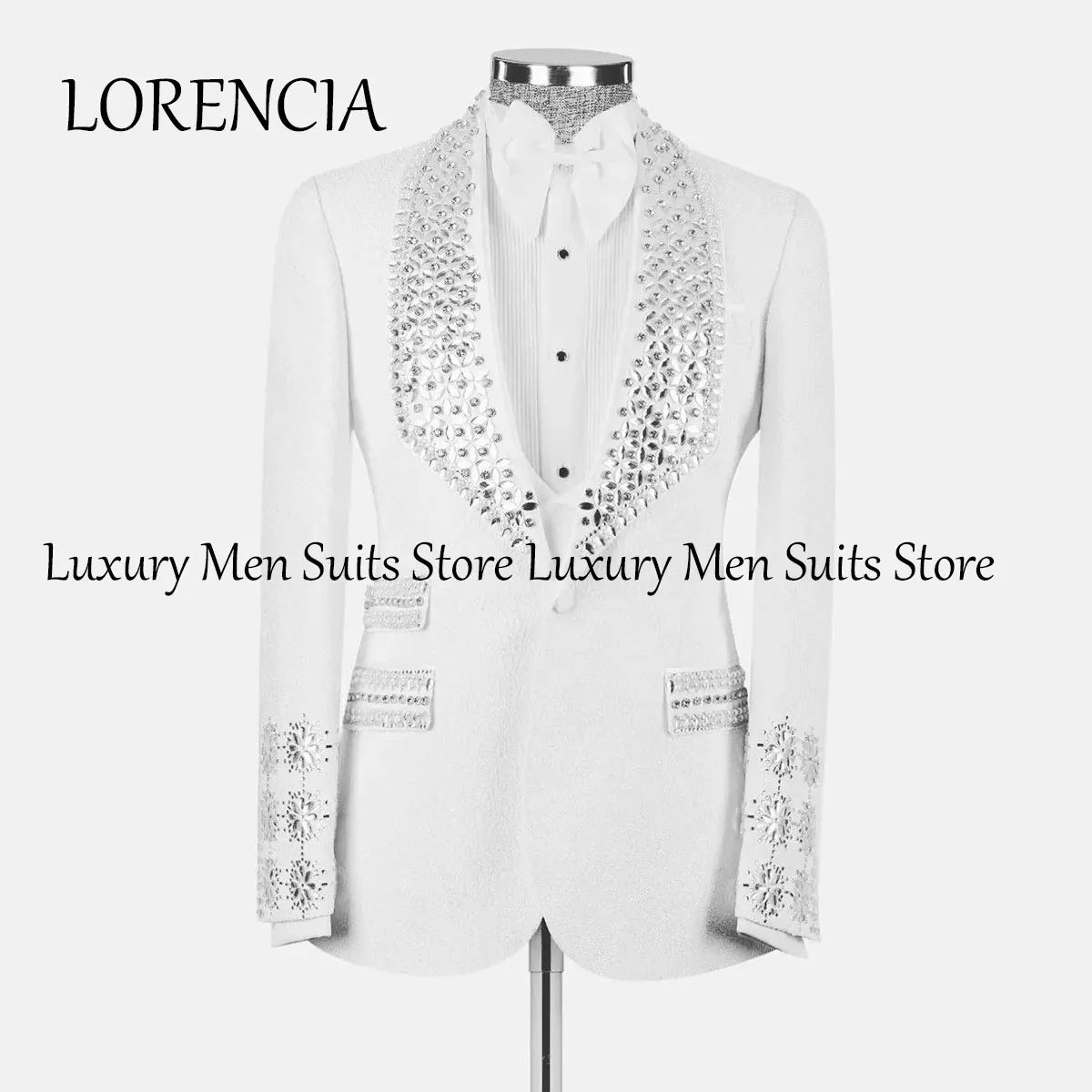 Customized Diamond Men Suits Luxury Crystal Beaded Groom Wedding Tuxedos Double Breasted Party Prom Blazer 2 Piece Costume Homme