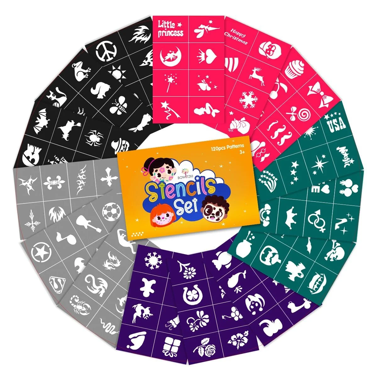 

Трафареты для рисования лица Bowitzki, 120 видов конструкций, многоразовые трафареты для краски для лица, простые в использовании блестящие временные трафареты для татуировок