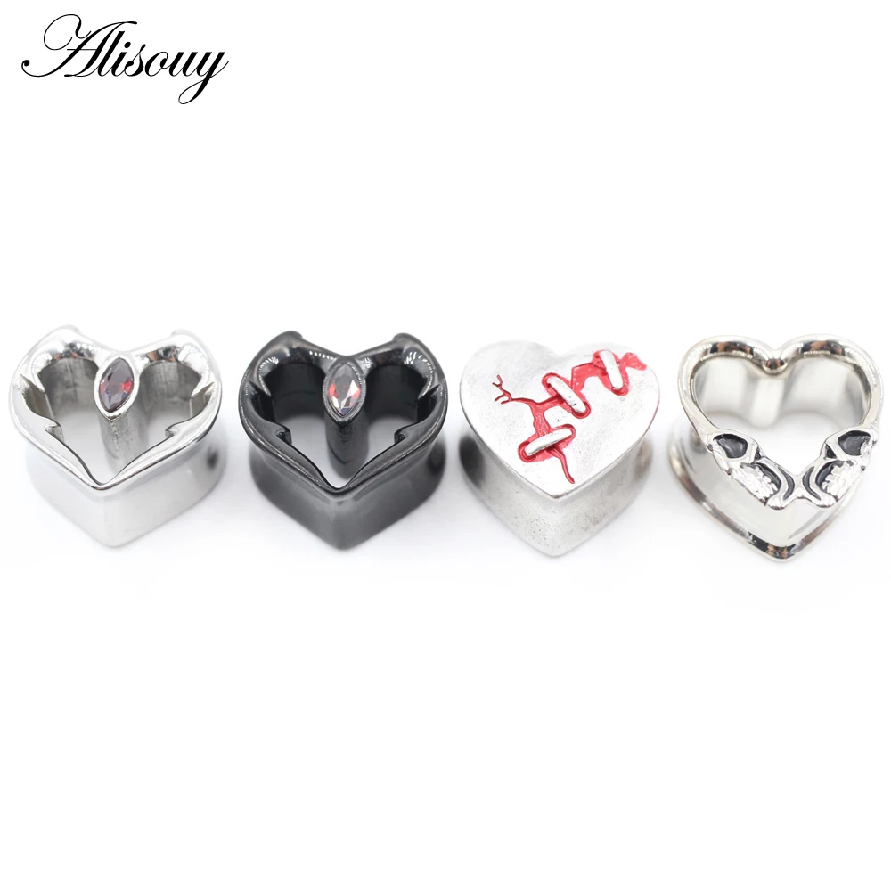 Alisouy 1PC Stainless Steel Heart Skull Eye Red Zircon Ear Tunnels Plug Expander Stretcher Gauges Earrings Piercing Body Jewelry