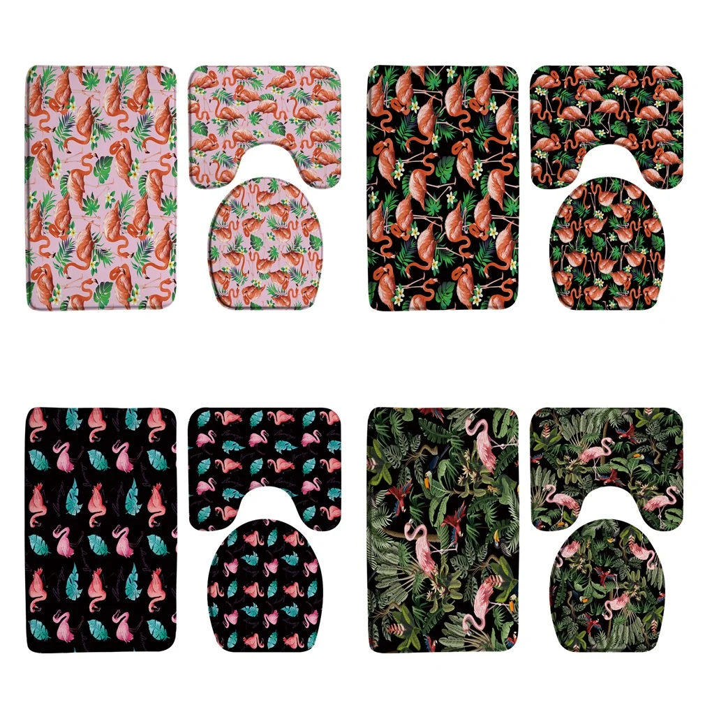 

Watercolor Tropical Jungle Flamingo Plant Leaf Bathroom Rug Set Non-Slip Bath Mat Carpet Toilet Lid Cover Flannel Floor Doormat