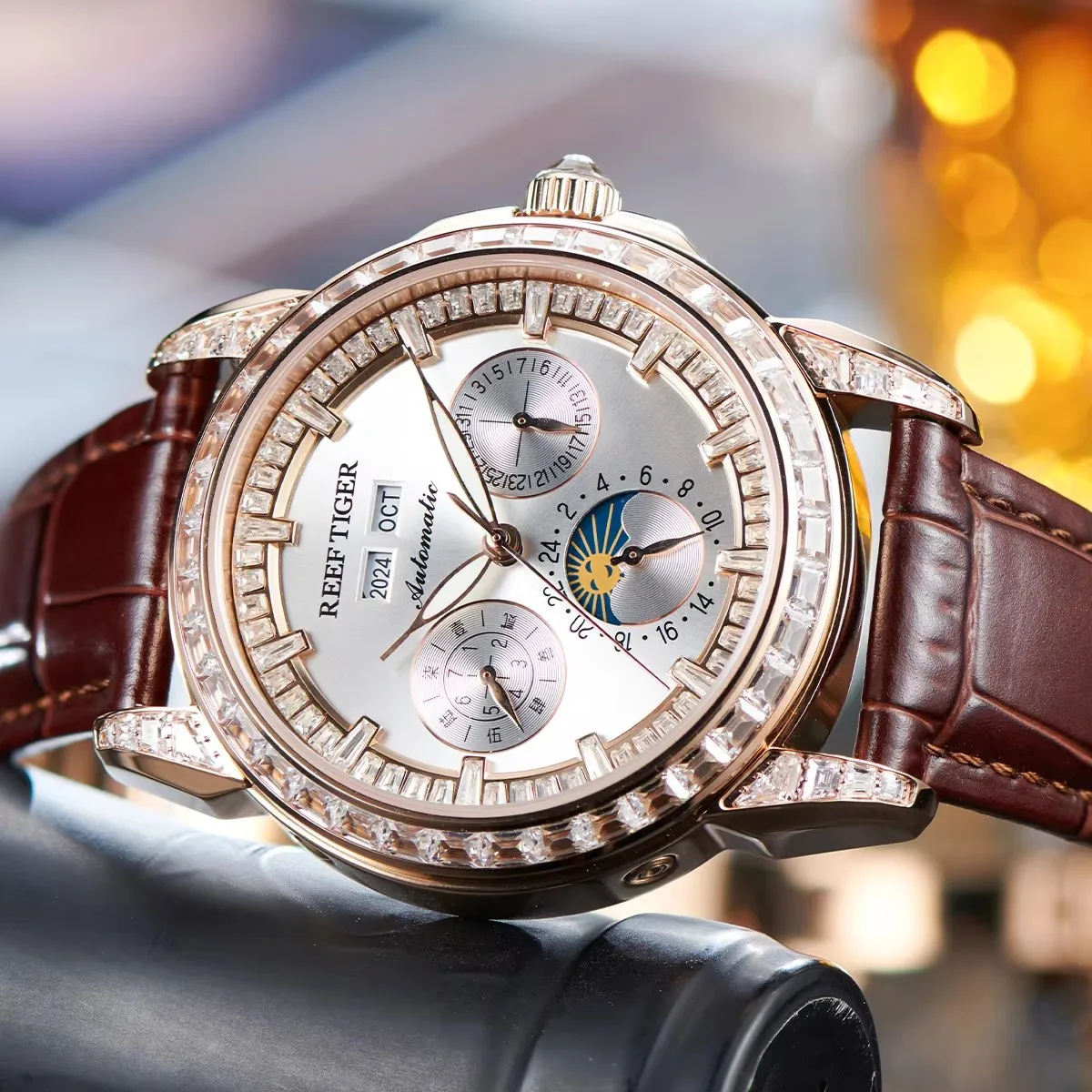 نمر الشعاب المرجانية-ساعة ميكانيكية أوتوماتيكية للرجال ، ماس ذهبي وردي ، حزام جلد بني ، أزياء أعمال متعددة الوظائف ، RT