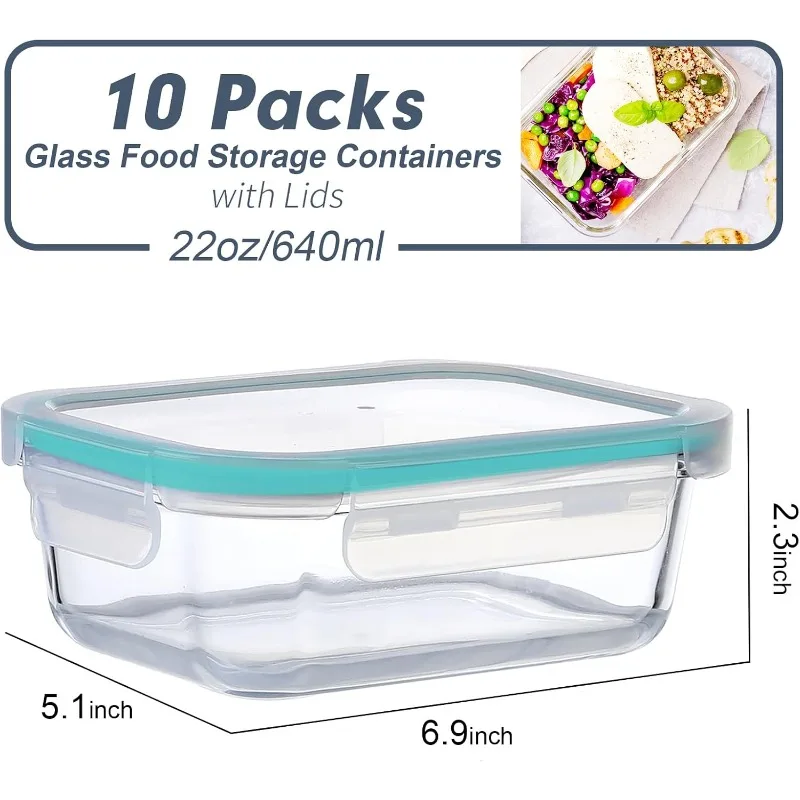 Glass Meal Prep Containers, 10 Packs 22 oz Glass Food Storage Containers,Airtight Lunch Containers with lids - Microwave