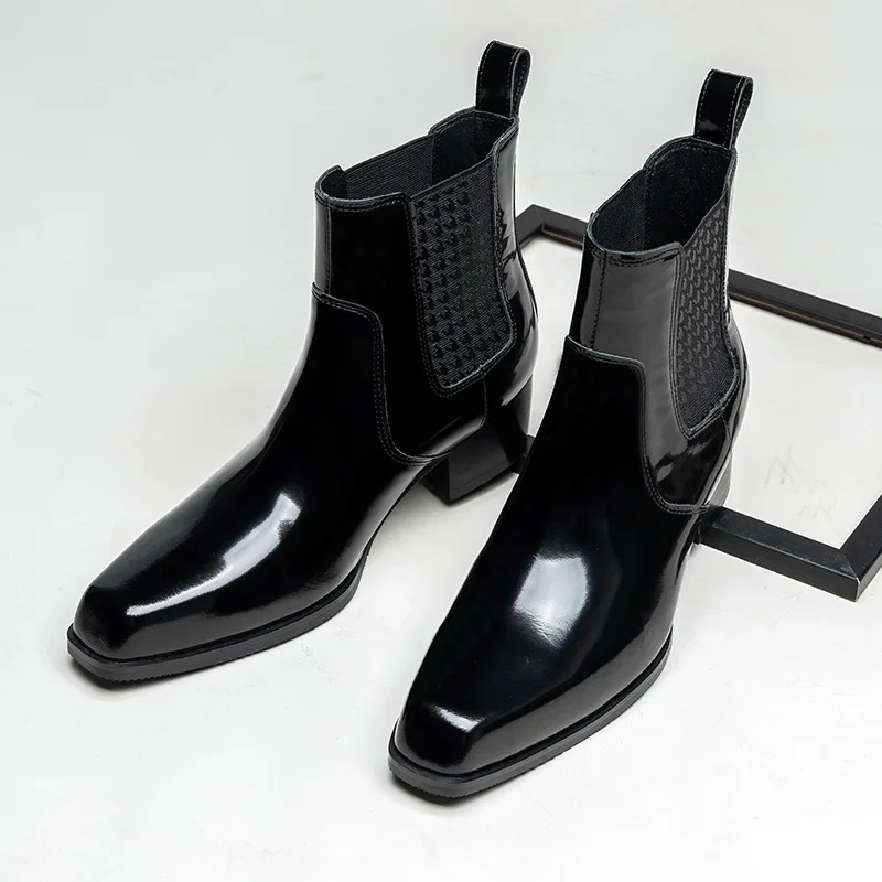 Luxury Patent Leather Mens Ankle Boots with Heels Genuine Leather 2025 Winter Warm New Wedding Social Shoes for Male 5 Cm Height