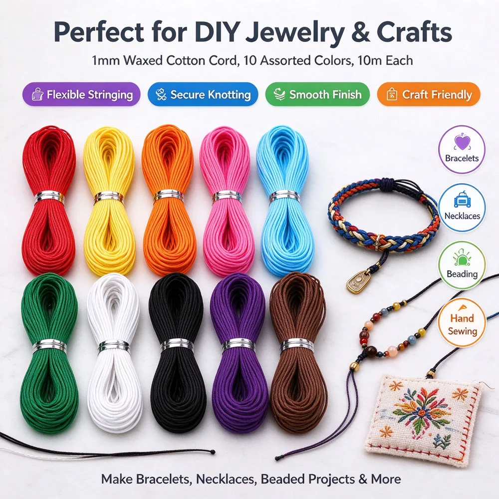 1-5Pcs 10m 1mm Braiding String Waxed Cotton Cord, Jewelry Making DIY Bracelet Necklace Weaving Craft Thread