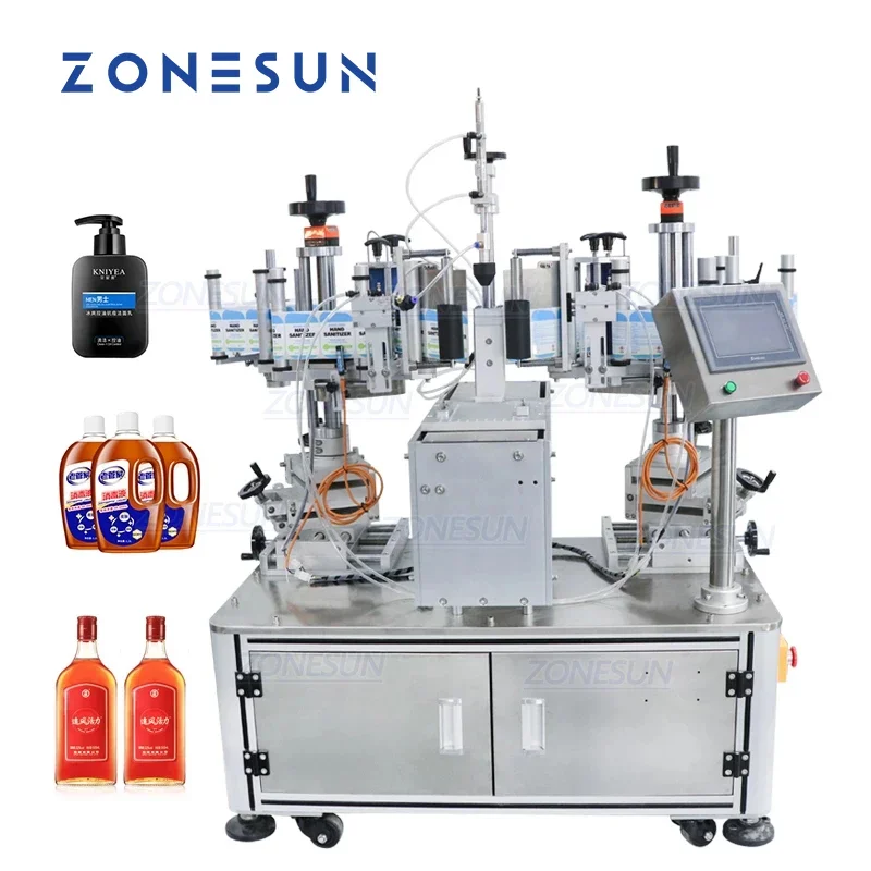 ZONESUN Square Bottle Double Sides Labeling Machine Vertical Automatic Label Applicator Laundry Toilet Cleaner Bottle ZS-TB806