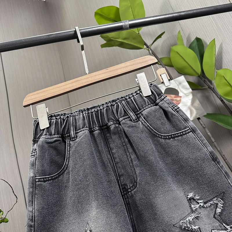 L-6XL حجم كبير الدنيم السراويل للنساء صيف 2025 عالية الخصر أسود فضفاض واسعة الساق جينس قصير النساء نجمة كبيرة الحجم جينس قصير