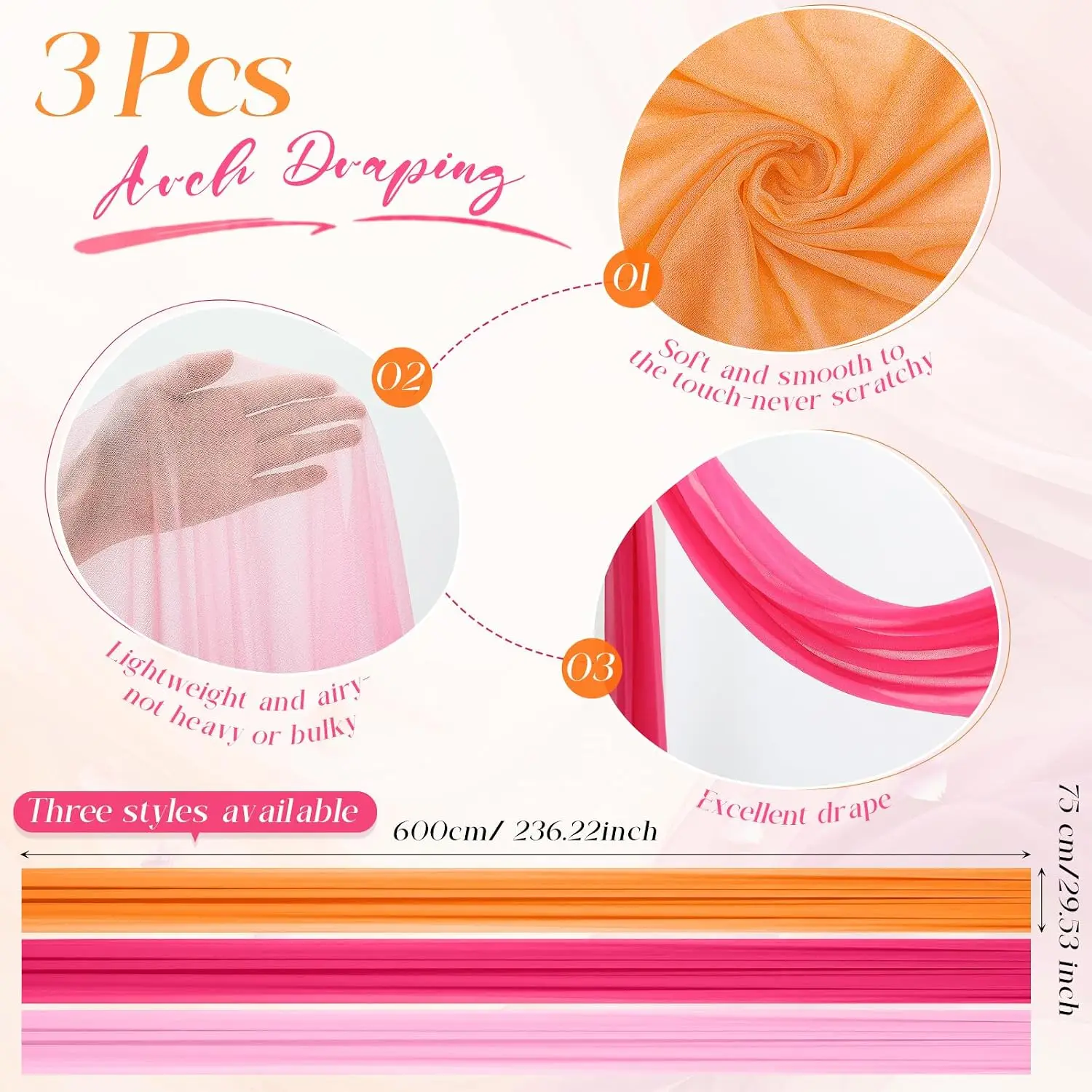 3 Panels Wedding Arch Draping Pink Rose Red Orange Fabric Sheer Chiffon Table Runner Backdrop Birthday Bridal Shower Party Decor