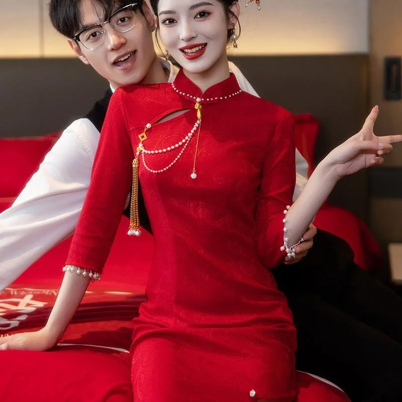 

Red Fi Tail Qipao Engagement Wedding Dr Women's Sle Long Sve Cusizable Chinese New Version Special Ocn Gown