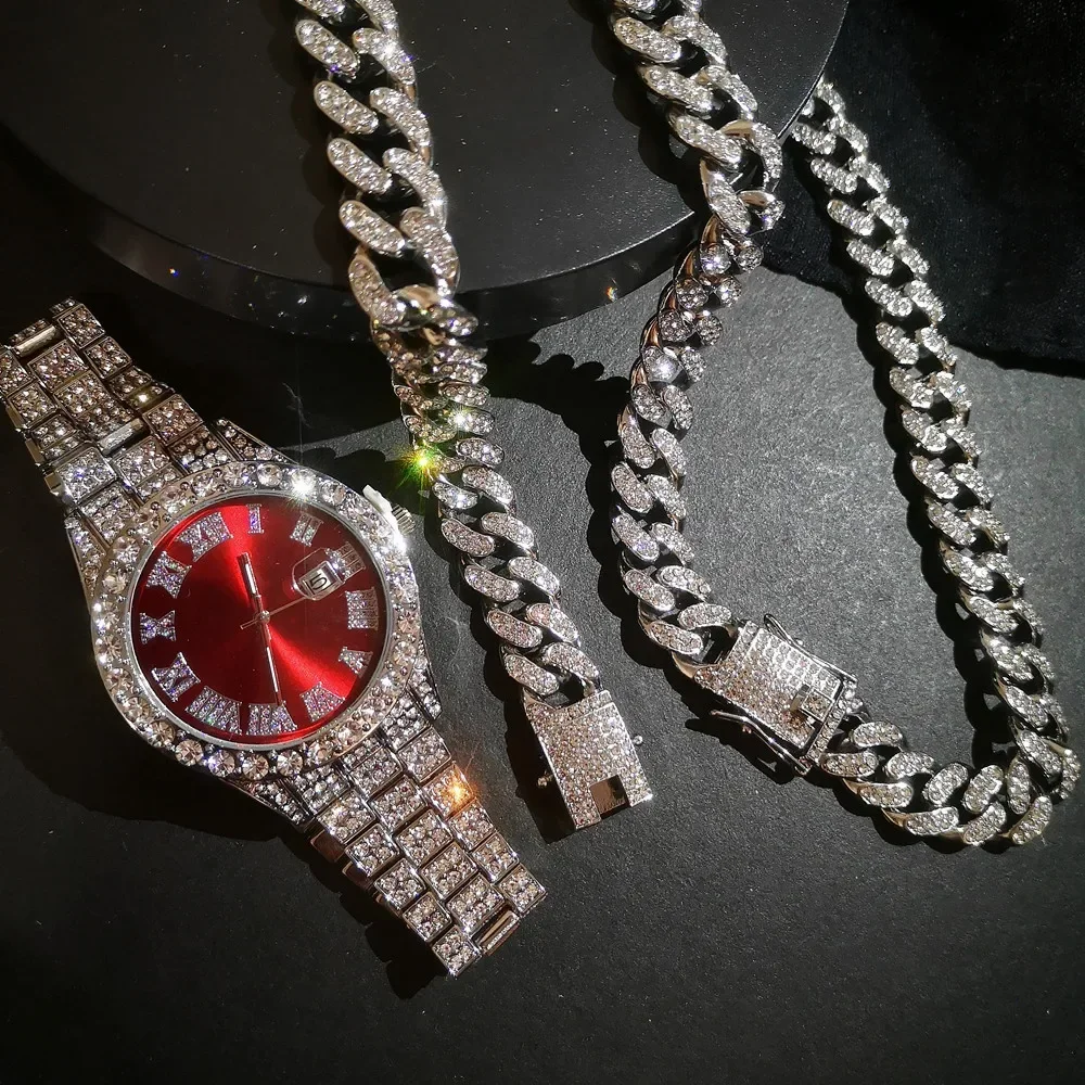 Full Iced Out Watch Men Cuban Link Chain Bracelet Necklace Choker Bling Jewelry Big Golden Hip Hop Male Clocks Set Reloj Hombre