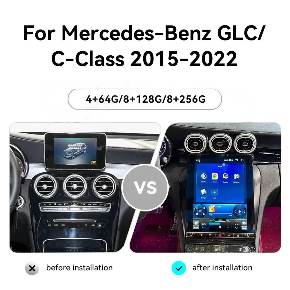 12.1 Android 14 CarPlay Waterfall Screen Car Radio For Mercedes-Benz GLC C-Class 2015-2022 GPS Multimedia Stereo Player Head