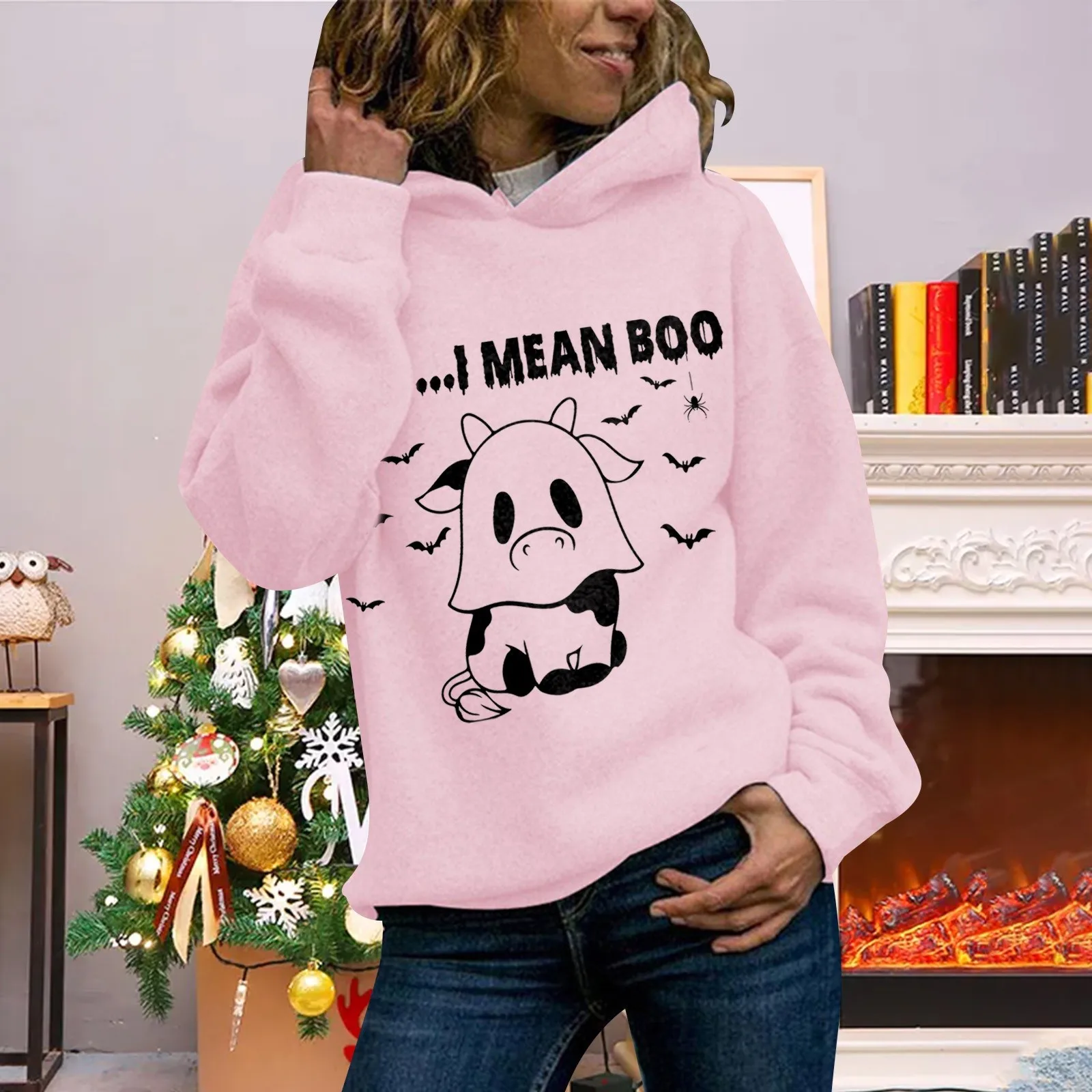 

Women's Casual Halloween I Mean Cow Print Long Sleeve Hooded Sweatshirt Trendy Teen Hoodies Long Sleeve Colla Shirts