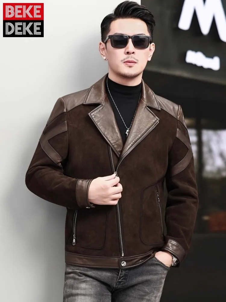 

Новая мужская куртка из натуральной кожи, винтажная замшевая дубленка, короткое пальто с отложным воротником, уличная мотоциклетная куртка 5XL