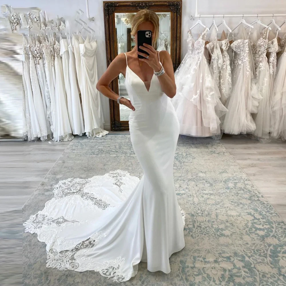 Haohao-vestido de novia blanco de crepé sin mangas con cuello en V profundo, traje de novia de encaje con tirantes finos y Espalda descubierta, hecho a medida, 2024