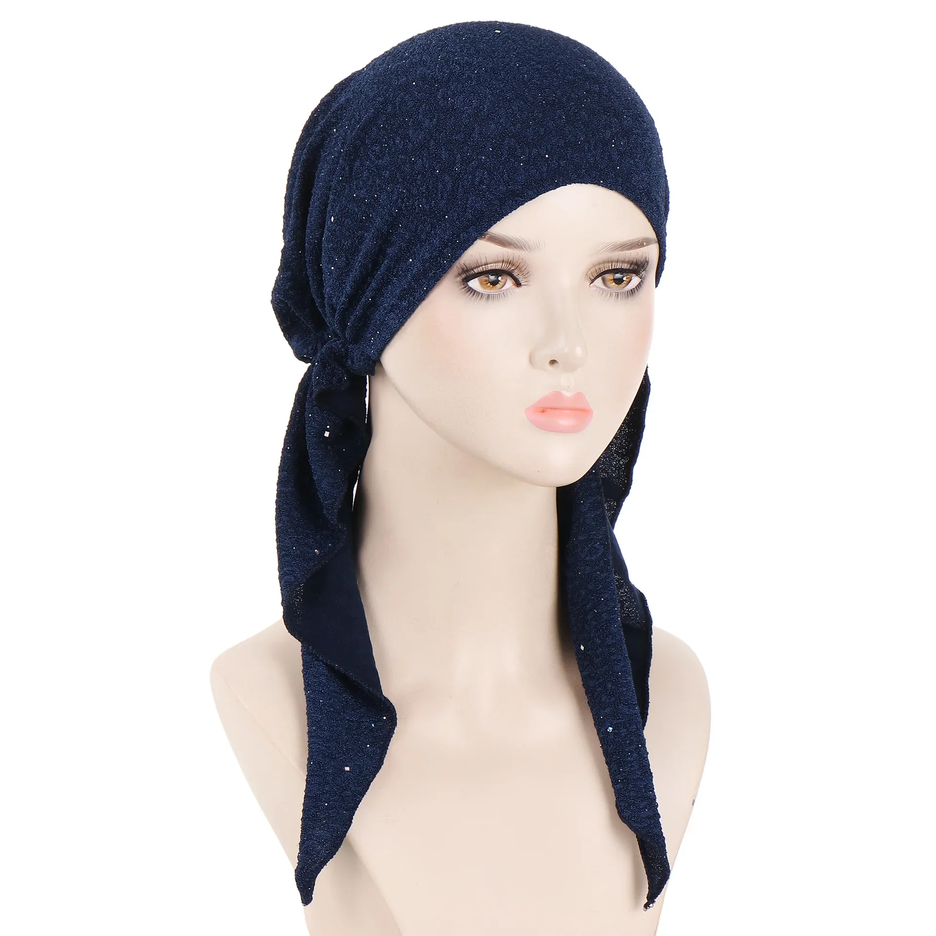 New Shimmer Pre-Tied Hat Women Muslim Hijab Turban Long Tail Headscarf Beanies Bonnet Hair Loss Chemo Cap Head Wrap Bandanas