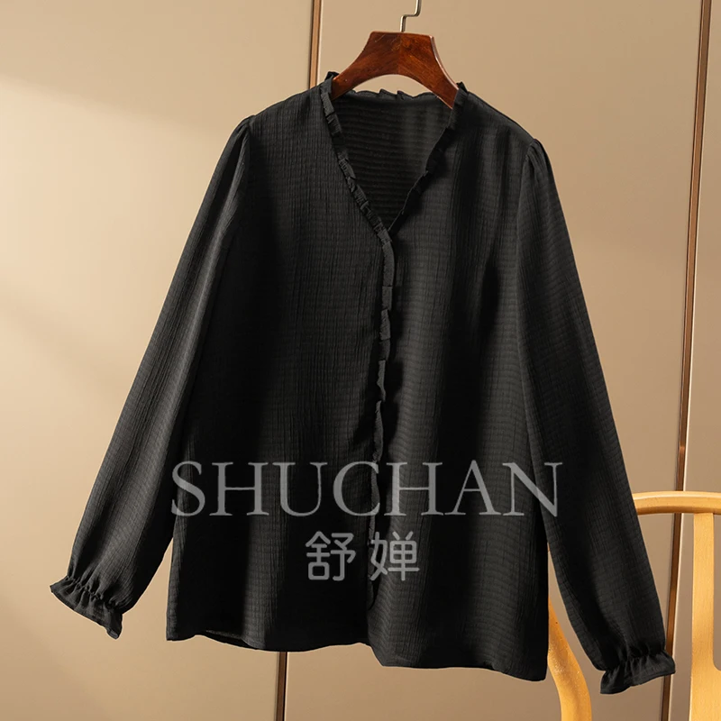 Edible Tree Fungus elegant shirt women V-neck long-sleeved tops blusas mujer de moda 2025 verano