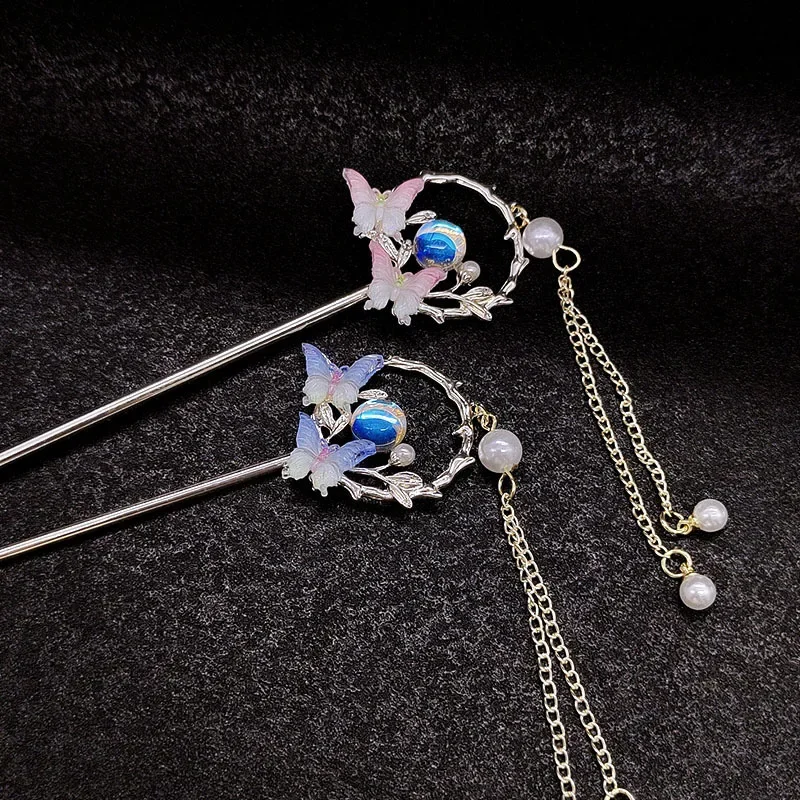 고대 스타일 나비 태슬 머리핀 레트로 니치 고급형 코일 헤어웨어 신중국풍 한복 스텝 쉐이킹 헤어핀