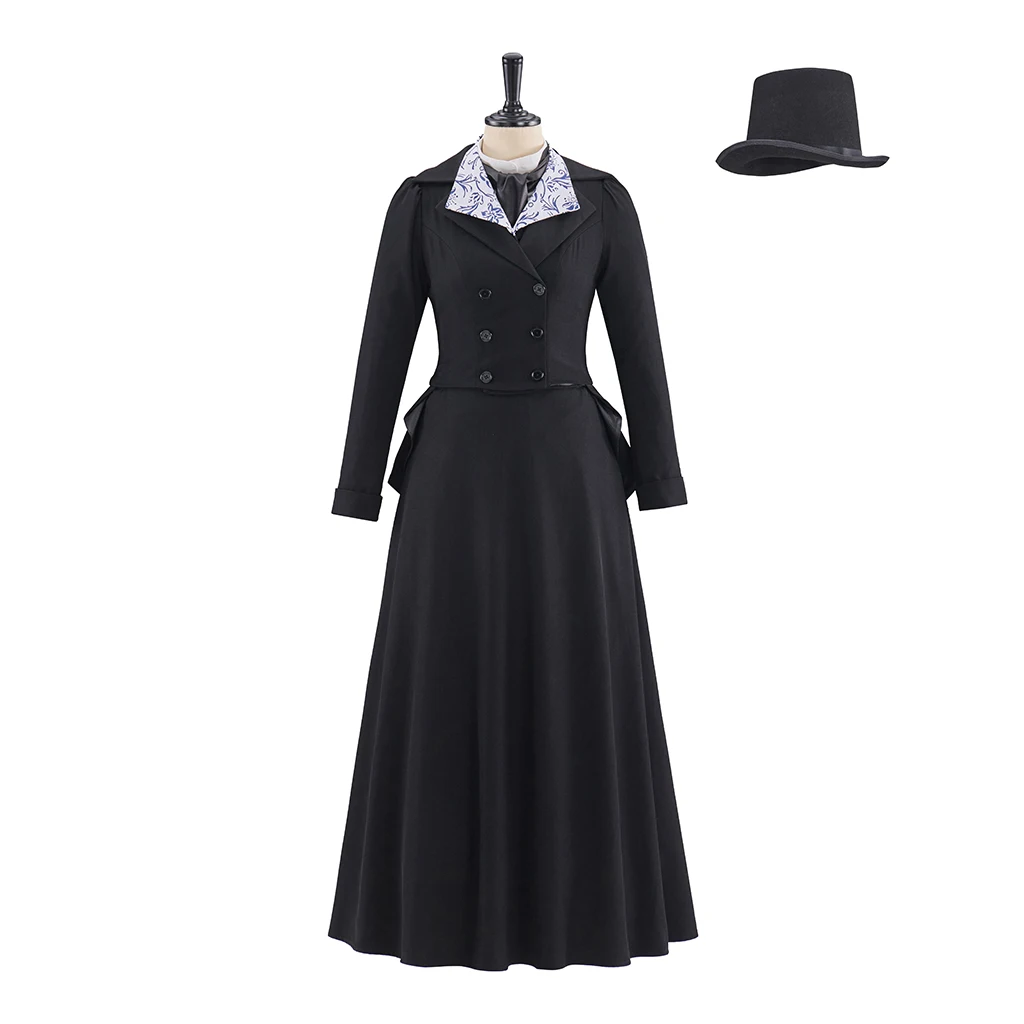 신사 잭 코스프레 의상 모자와 여자의 빅토리아 검은 드레스 할로윈 볼 가운 자켓 스커트 중세 의상