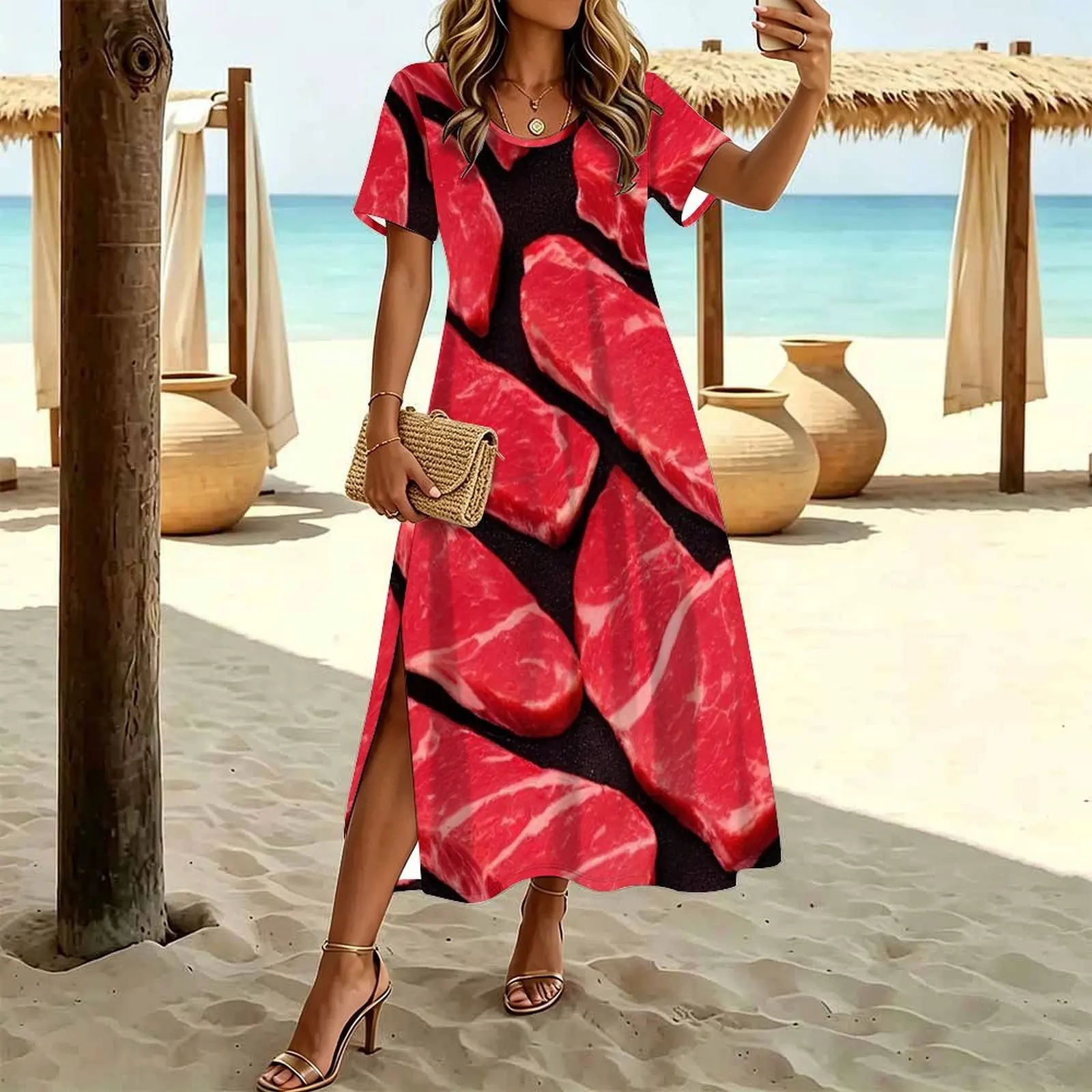 Fresh Steaks, seamless pattern. Women's Round Neck Short Sleeve Split Long Dress