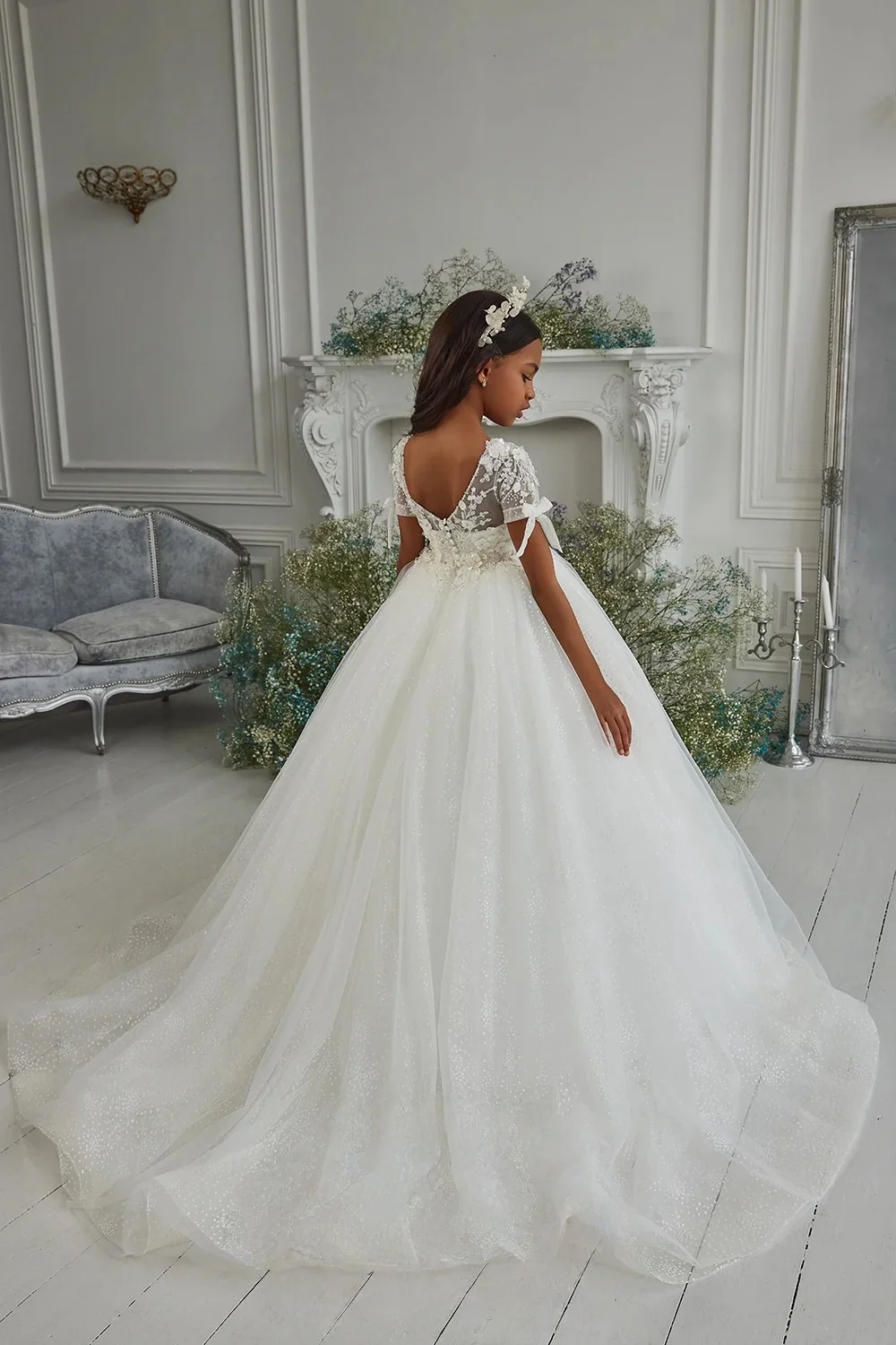 Custom JDY High Short Sleeve Lace Bow Glitter Tulle Trailing Flower Girl Dress Wedding Party Gown Birthday Pageant Dress فساتين