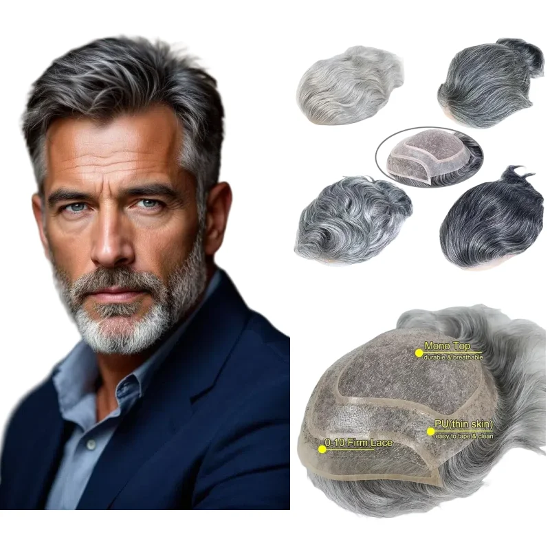 

8x10 Inch Hair Replacement For Men Human Hair Toupee Mono Base Lace With Pu Grey Shades 1B20 1B40 #7 #613 1BT60