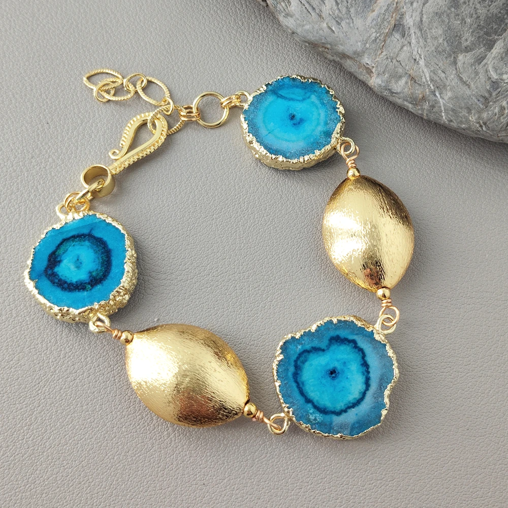 

Y·YING Blue Agate Slice Gem Stones Brushed Beaded Bracelet Jewelry Fashion Gift