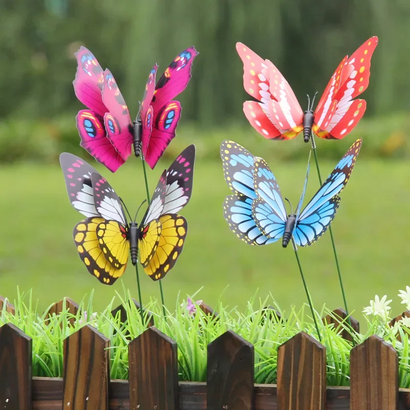 

50 Pieces of Simulated Butterflies 12cm Double-layer Pole Garden, Lawn Flower Pot Butterfly Decoration