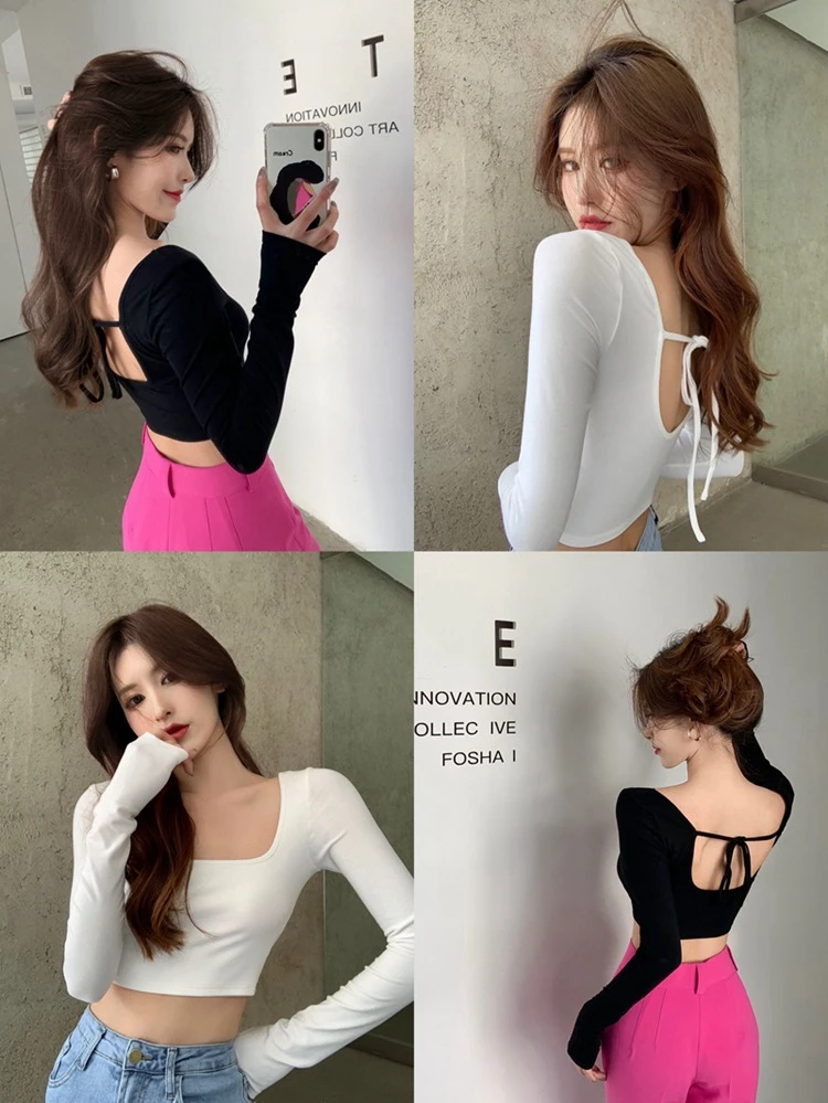 Y2K Backless T-shirt Woman Long Sleeve Crop Top Autumn Korean Fashion Tee Shirt Femme Kpop Corset Skinny Vintage Clothes Women