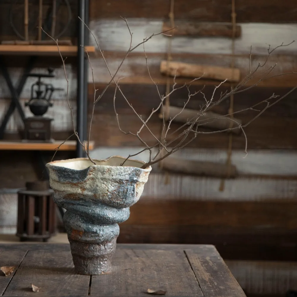 

Mottled Retro Zen Ceramic Vase Wabi Sandy Wind Coarse Pottery Jar Flower Arrangement Ornament Living Room Decoration Vases