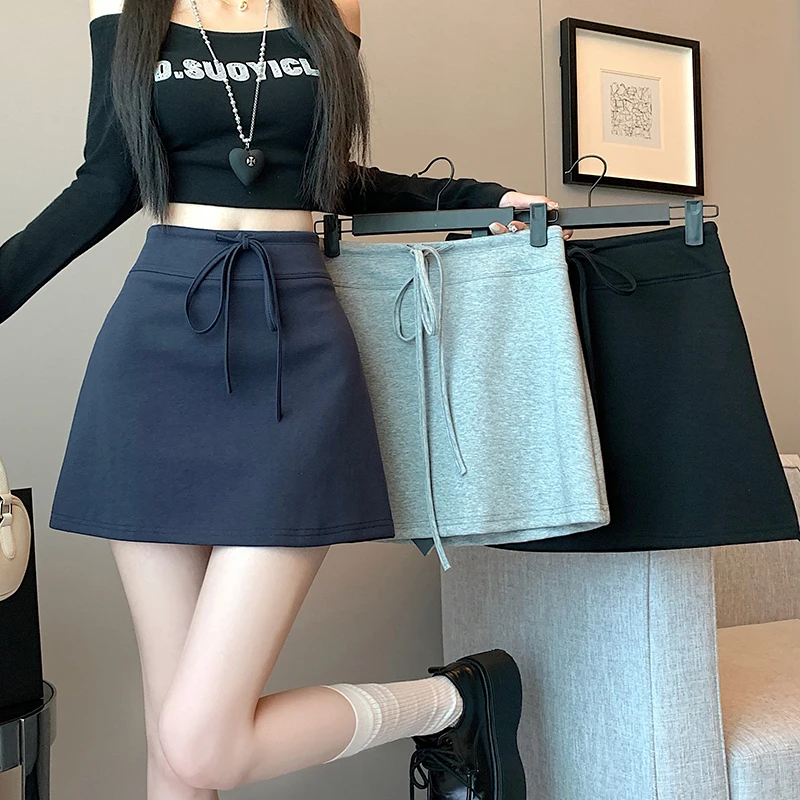 Womens Korean Sports Style Short Skirt High Waisted Drawstring Autumn Winter Slimming A Line Anti Slip Skirt