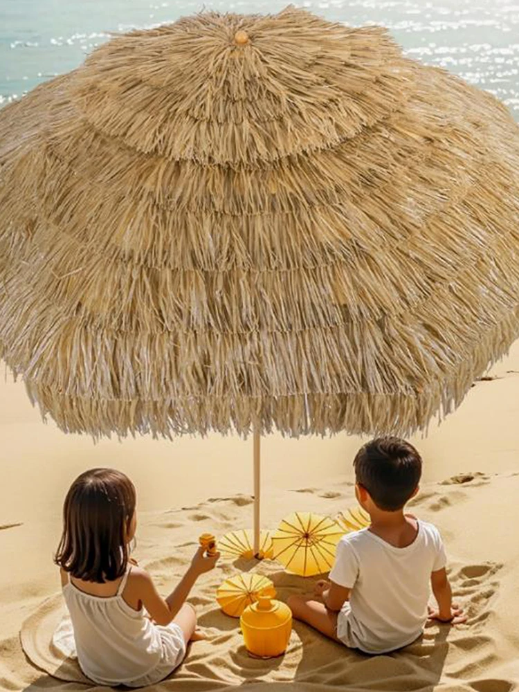 مظلة قش محاكاة خارجية بطول 9 أقدام مع 8 أضلاع للحماية من الأشعة فوق البنفسجية مظلة شاطئ منقوشة لحديقة البار والفناء الخلفي