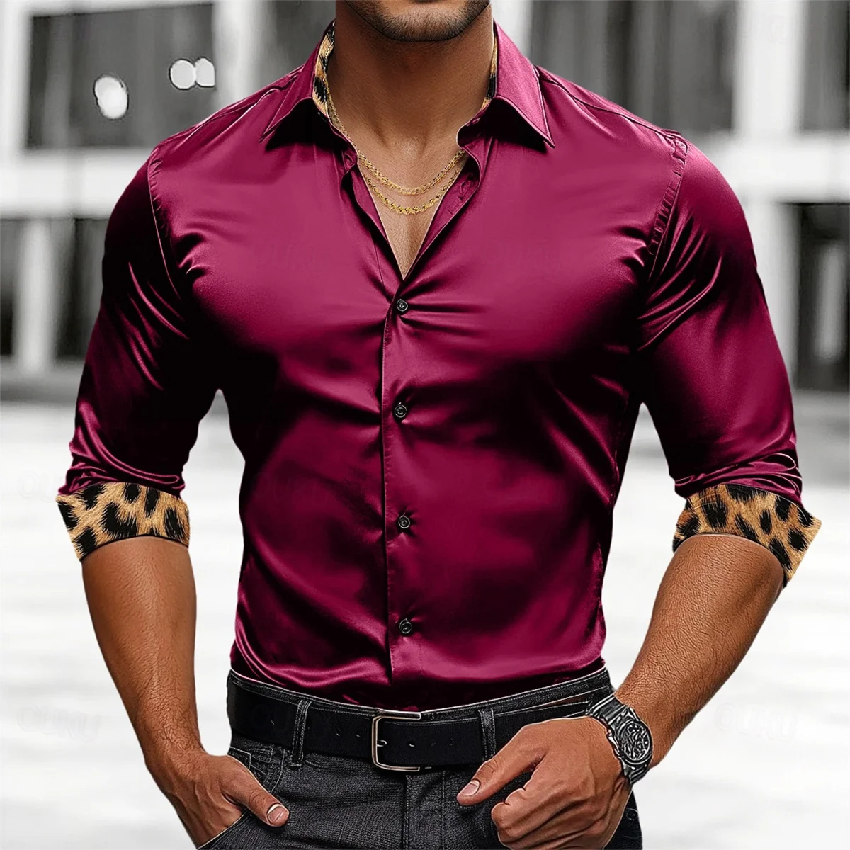 Men's casual and comfortable shirt, leopard print long sleeved shirt, daily vacation wear, lapel men's clothing, oversized