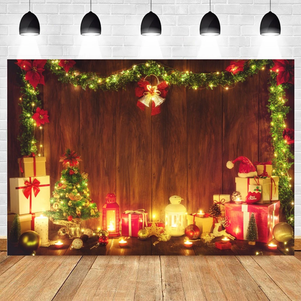 Wooden Board Christmas Backdrop Photography Xmas Rustic Wood Wall Snow Glitter Tree Balls Family Party Photo Background Props