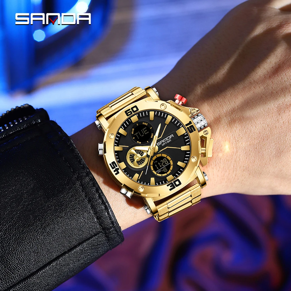 SANDA 3350 Men Watch Military Sport Quartz Digital LED Wristwatch multifunctional Stopwatch Waterproof Male Electronic Clock