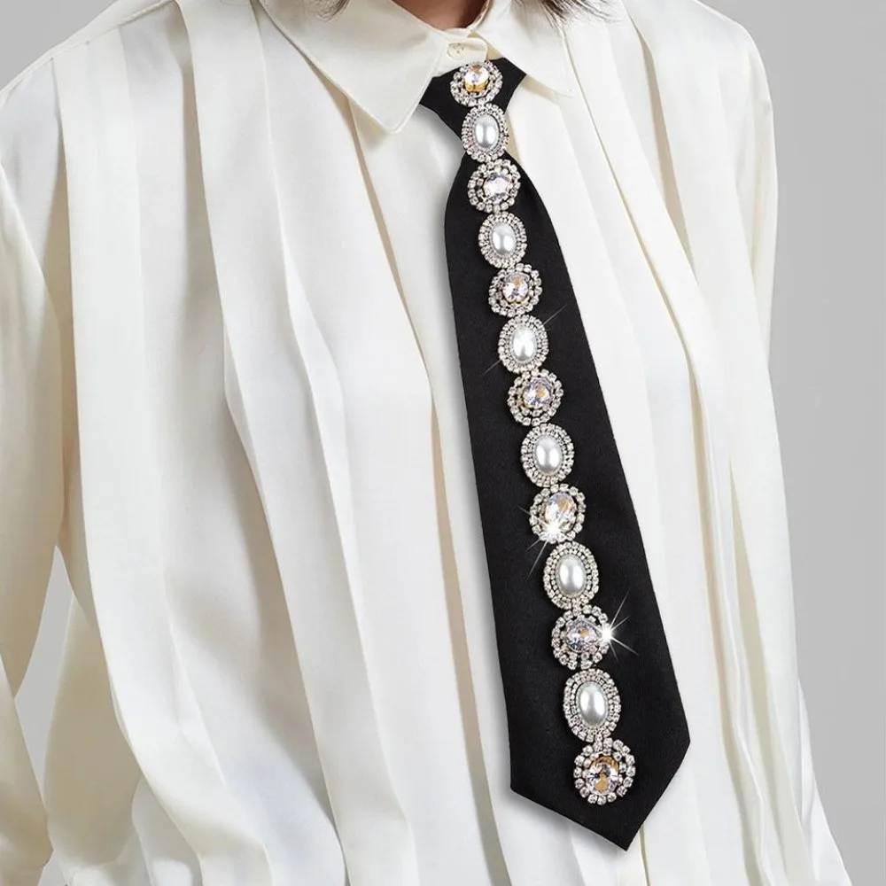 

Clothing Decoration Korean Style Rhinestones Tie Academic Style Black Long Necktie Versatile Sparkly Decoration Shirt Tie Kids