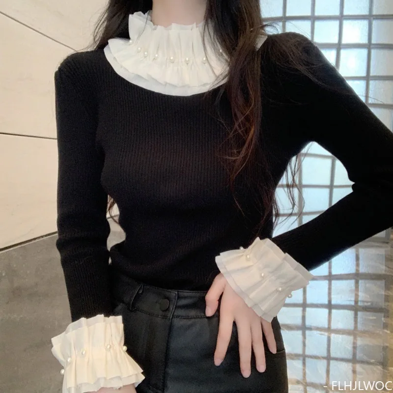 Turtleneck Tops 2024 Spring Basic Wear Jumper Pullovers Slim Patchwork Flare Sleeve Beaded Ruffles Knitting Sweaters