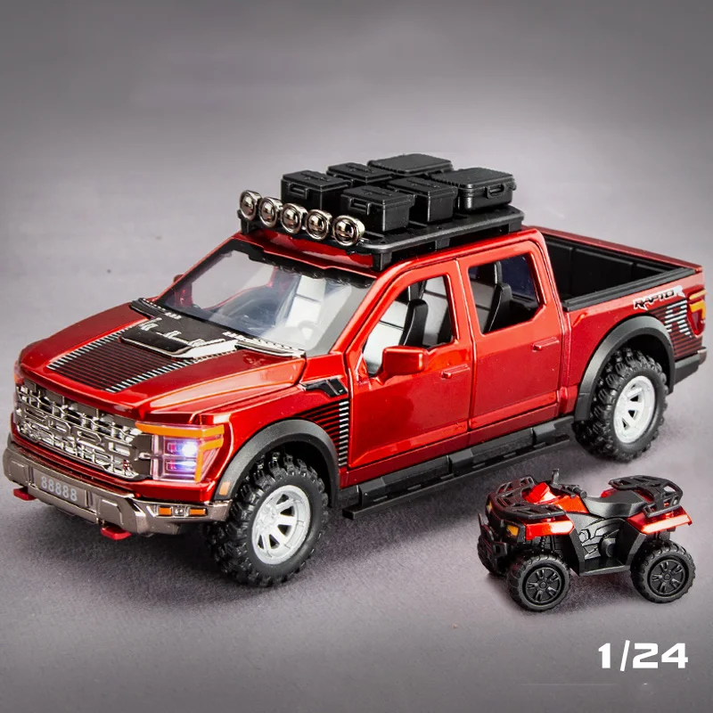 1:24 f150 svt raptor versão modificada modelo de carro de liga som e luz puxar para trás brinquedo infantil colecionável presente de aniversário