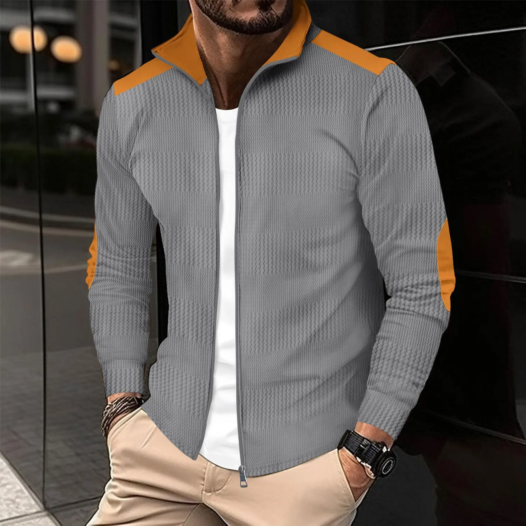 

Men's spring-autumn casual jacket with youth fashion wrist color-matched collar and zipper front streetwear zipper cardigan