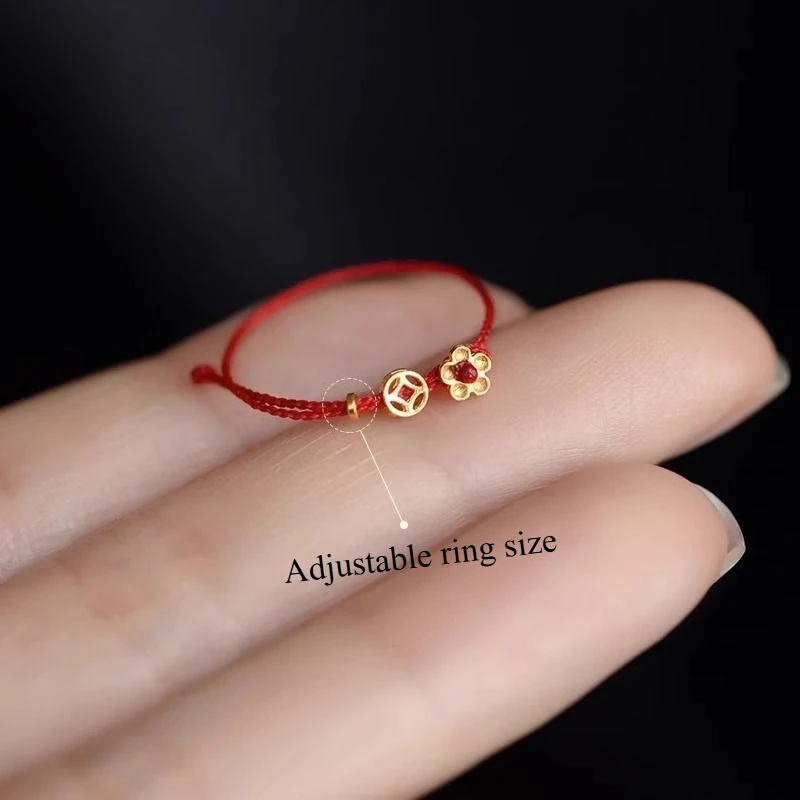 لطيف قابل للتعديل المنسوجة حبل أسود أحمر خواتم جميلة الذهب اللون زهرة عملة الثروة خواتم محظوظ النساء فنجر مجوهرات anillos mujer